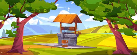 Old stone well with drinking water and wooden bucket, agricultural fields on green hills near forest trees. Vector cartoon illustration of rural summer landscape under blue sunny sky and white clouds