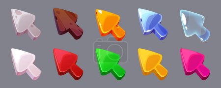 Illustration for Set of cartoon cursors isolated on grey background. Vector illustration of arrow signs with stone, wood, glass, textures, metal materials, in different colors. Game user interface design element - Royalty Free Image