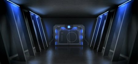 Illustration for Dark hall with closed metal door and neon blue lamp illumination. Realistic vector illustration of secret laboratory, alien spacecraft, bomb shelter interior with sliding doorway. Futuristic building - Royalty Free Image