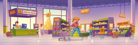 Téléchargez les illustrations : Supermarket with customers, shelves and stands with products. People with baskets and trolley buy food in grocery store, wholesale market, vector illustration in contemporary style - en licence libre de droit