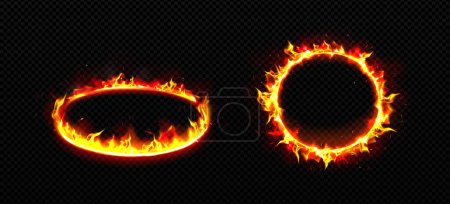 Téléchargez les illustrations : Round frames with fire. Burning rings with flame, glow effect and sparkles. Yellow orange fiery platforms in perspective, front view isolated on transparent background, vector realistic set - en licence libre de droit