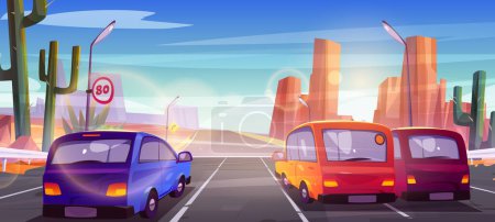 Ilustración de Speed highway in desert with cars, traffic signs and lamp posts. Cartoon vector illustration of autos riding asphalt road with cacti, canyon rocks and sandy landscape along route. Travel background - Imagen libre de derechos