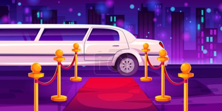 Téléchargez les illustrations : Luxury white limousine car with closed door near empty red carpet with rope barrier against night cityscape background. Celebrity arrival at vip party or awarding ceremony. Cartoon vector illustration - en licence libre de droit