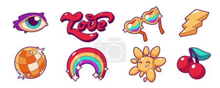 Ilustración de Retro groovy stickers with rainbow, sun character, disco ball, lightning and eye. Psychedelic rave icons with love symbol, cherry and heart shaped glasses, vector set in contemporary style - Imagen libre de derechos