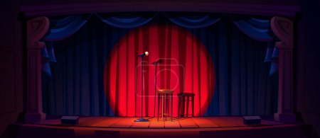 Illustration for Empty stage ready for stand up show or concert. Cartoon vector illustration of scene with red curtains, microphone and wooden stool in light beam. Comedy club performance - Royalty Free Image