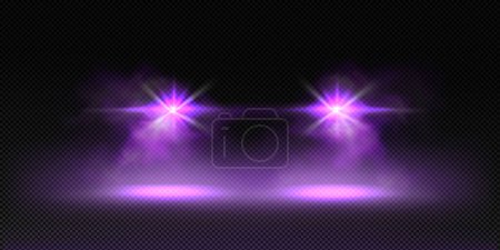 Illustration for Front car lights in fog at night. Automobile led headlights effect with purple flare, rays, glow and mist isolated on transparent background, vector realistic illustration - Royalty Free Image
