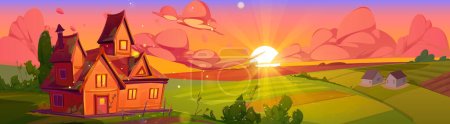Illustration pour Morning summer countryside with house, farm buildings, green field under sky with pink clouds. Vector cartoon illustration of rural sunrise landscape, sunset farmland with flowering bushes - image libre de droit