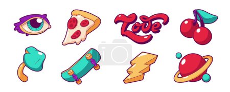 Téléchargez les illustrations : Retro groovy stickers with planet, lightning, mushroom and skateboard. Psychedelic rave icons with love symbol, cherry, pizza and eye, vector set in contemporary style - en licence libre de droit