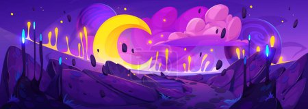 Ilustración de Fantasy cosmos illustration with alien planet landscape, moon and clouds in sky. Magic world from dream, fantastic scene of space and planet surface, vector cartoon illustration - Imagen libre de derechos