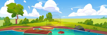 Téléchargez les illustrations : Nature scene with lake. Summer landscape with green trees, grass, bushes, pond and wooden log in water. Fields, river coast and clouds in sky, vector cartoon illustration - en licence libre de droit