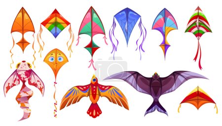 Illustration for Cartoon set of colorful kites isolated on white background. Vector illustration of flying paper toys in shape of bird, fish, square, triangle and rhombus for childrens game, summer outdoor activities - Royalty Free Image