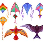 Cartoon set of colorful kites isolated on white background. Vector illustration of flying paper toys in shape of bird, fish, square, triangle and rhombus for childrens game, summer outdoor activities