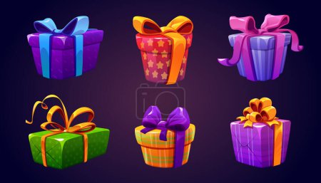 Illustration for Set of closed gift boxes isolated on background. Vector cartoon illustration of colorful striped, dotted and checkered surprise packages decorated with ribbon bows, game reward - Royalty Free Image