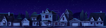 Illustration for Suburban town street with dark houses at night. Vector cartoon illustration of district with residential buildings, trees and electricity lines under starry midnight sky. Blackout in city neighborhood - Royalty Free Image