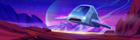 Téléchargez les illustrations : Futuristic spaceship landing at alien planet. Vector cartoon illustration of spacecraft flying above empty planet surface with rocky mountain landscape. Colorful outer space background with stars - en licence libre de droit