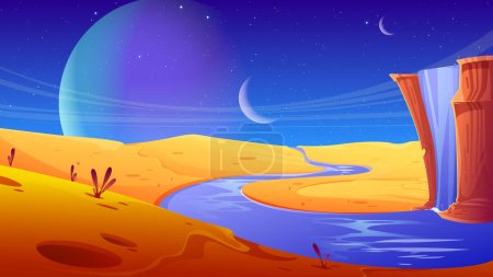 Téléchargez les illustrations : Alien planet with waterfall and desert river. Vector cartoon illustration of sandy landscape, water flowing from rocky mountain against night sky with moon and stars. Cosmic game background design - en licence libre de droit