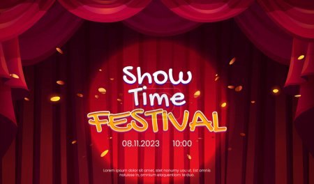 Illustration for Show or festival announcement banner template. Vector cartoon illustration of closed red drapery curtains on theater or concert hall stage, golden confetti flying in air, text illuminated by spotlight - Royalty Free Image