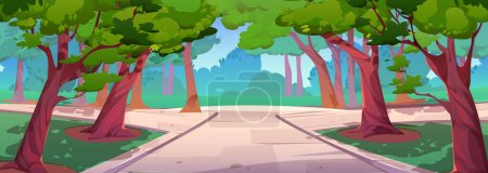 Téléchargez les illustrations : Summer scenery, city park landscape with green trees and grass, white stone walkway. Public empty sunny garden with plants and paths, vector cartoon illustration - en licence libre de droit