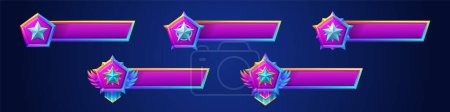 Téléchargez les illustrations : Game banners with star badges. Ranking icons of level achievement and empty title bar. Game interface elements isolated on background, vector cartoon illustration - en licence libre de droit
