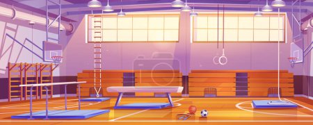 School gymnasium with sport equipment, basketball and soccer balls, baskets on walls, bars, tribune and pommel horse. Empty gym court with sport accessories, vector cartoon illustration