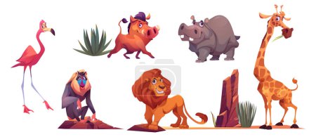 Téléchargez les illustrations : African wild animals from safari park, zoo or savanna in Africa. Cute characters of hippo, lion, giraffe, baboon, flamingo and warthog isolated on white background, vector cartoon set - en licence libre de droit
