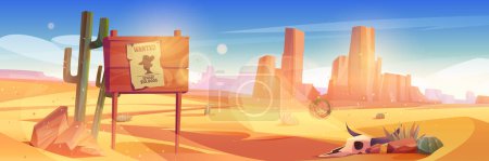Ilustración de American west desert landscape with wanted sign. Country scene with sand, mountains, cactus, wooden board with paper wanted poster and bull skull, vector cartoon illustration - Imagen libre de derechos