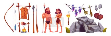 Illustration for Prehistoric cave people. Ancient primitive caveman family, hunting tools, fire and food. Neanderthal man and woman with baby, primeval ancestors, vector cartoon illustration - Royalty Free Image