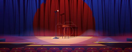 Empty stage ready for stand up show or concert. Cartoon vector illustration of scene with red curtains, microphone and wooden stool in light beam, audience seats in parterre. Comedy club performance