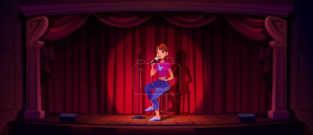 Comedian girl with mic on stage. Standup, comedy performance, open mike event with woman joking sitting on stool on scene with red curtains, vector cartoon illustration
