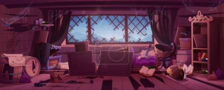 Old messy pirate ship cabin inside. Broken abandoned boat interior with dirty broken wooden furniture, empty chest, barrels, rum bottles, sea storm and rain behind window, vector cartoon illustration