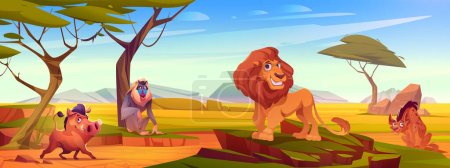 Illustrazione per Savannah landscape with african animals. Cute lion, warthog, baboon and hyena characters in savanna or safari park. Nature scene with wild animals, trees and grass, vector cartoon illustration - Immagini Royalty Free