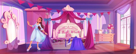 Téléchargez les illustrations : Beautiful princess in pink royal bedroom. Vector cartoon illustration of pretty young woman in elegant dress smiling in mirror. Vintage room interior with retro furniture, bed, wardrobe, dresser - en licence libre de droit