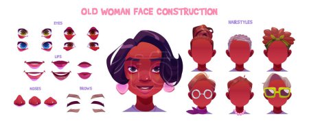 Téléchargez les illustrations : Old African American woman face constructor. Vector cartoon illustration of senior female character hairstyles, eyes, lips, brows and noses isolated on white background. Game avatar design elements - en licence libre de droit