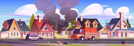Téléchargez les illustrations : Fire in house vector cartoon illustration. Building burning and smoldering, police car and firefighting truck parked on street. Firefighters pouring water to extinguish flame. Real estate insurance - en licence libre de droit