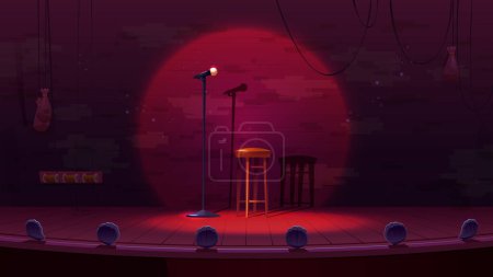 Illustration for Stand up stage with mic and stool. Comedy show, music contest, karaoke concept with empty scene with microphone, chair and brick wall, vector cartoon illustration - Royalty Free Image