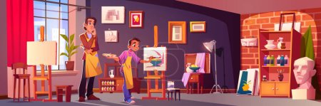 Téléchargez les illustrations : Teacher artist and student in art studio class. Drawing education, workshop, painting lesson. Classroom interior with canvas on easel, man and boy with palette and brush, vector cartoon illustration - en licence libre de droit