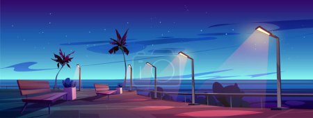 Illustration for Night urban embankment illuminated with street lights. Cartoon vector illustration of empty seaside city promenade with benches, palm trees, many stars shining on dark sky. Game background design - Royalty Free Image