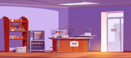 Ilustración de Empty bakery shop interior with furniture and pastry. Vector cartoon illustration of confectionery with muffins, cakes, fresh bread on showcase shelves and baking in oven, counter desk. Small business - Imagen libre de derechos