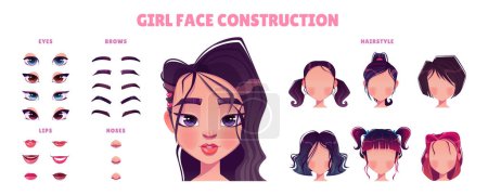 Téléchargez les illustrations : Asian girl face constructor set isolated on white background. Vector cartoon illustration of young woman hairstyles, eyes, lips, brows and noses. Female game character or avatar design elements - en licence libre de droit