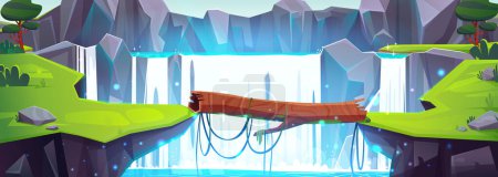 Téléchargez les illustrations : Log bridge across river between cliffs wirth waterfall. Vector cartoon illustration of rocky mountain landscape with green grass and trees. Beautiful nature background for adventure and travel game - en licence libre de droit