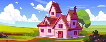 Countryside landscape with farm house, garden with tree and bushes with flowers, green fields. Rural nature scene with village cottage and meadows, vector cartoon illustration