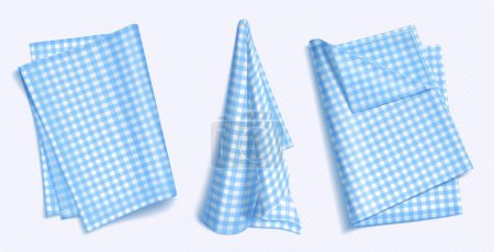 Téléchargez les illustrations : Set of blue checkered towels folded, hanging and top view isolated on white background. Realistic vector illustration of napkin, cozy kitchen interior design element, home textile for domestic use - en licence libre de droit