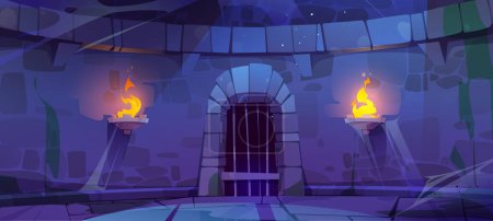 Illustration for Old dungeon, castle prison interior with door, stone walls and torches at night. Empty medieval jail with iron gate and spiderweb, vector cartoon illustration - Royalty Free Image