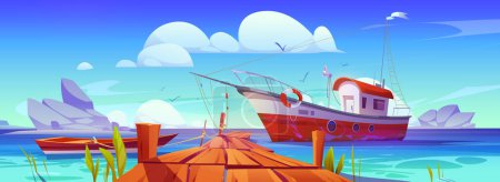 Illustration for Fishing boats at pier in lake, river or sea harbor. Summer landscape with dock with boardwalk, wooden boat and fishery ship and stones in water, vector cartoon illustration - Royalty Free Image