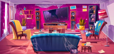 Illustration for Old dirty living room with broken tv and furniture. Messy abandoned home interior with couch, chairs, shelf, torn curtains, cracks in floor, garbage and spiderweb, vector cartoon illustration - Royalty Free Image