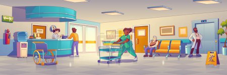 Téléchargez les illustrations : Hospital staff and patients in clinic corridor. Male and female characters making appointment at reception, happy nurse smiling, wheelchair, doctor waiting elevator. Contemporary vector illustration - en licence libre de droit