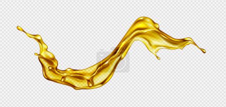 Realistic splash of oil or juice png isolated on transparent background. Vector illustration of abstract yellow liquid substance flow with waves and drops. Food, cosmetics, petrol ads design element