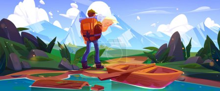 Illustration for Male tourist hiking in mountains with map. Vector cartoon illustration of traveler man with backpack searching way, admiring rocky landscape covered with snow, standing near river with wooden boat - Royalty Free Image