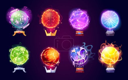 Illustration for Magic crystal balls, energy spheres with light effect. Fantasy magician, sorcerer or fortune teller crystal orbs with shine, lightnings, fire and slime, on wooden stand vector cartoon illustration - Royalty Free Image