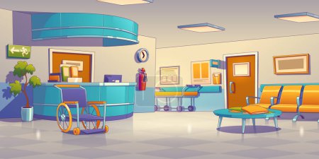 Illustration for Hospital corridor interior design with reception desk, bench in waiting hall, wheelchair and stretcher for patients. Contemporary vector illustration of empty clinic hallway. Healthcare services - Royalty Free Image
